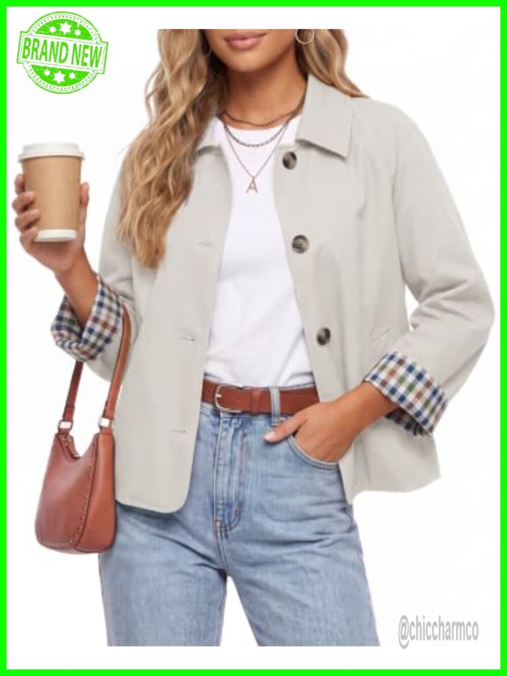 Women's Cropped Trench Coat Button Down Casual Jacket